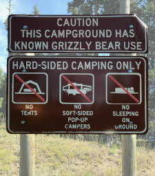 signpost indicating grizzly bears visit this camp
