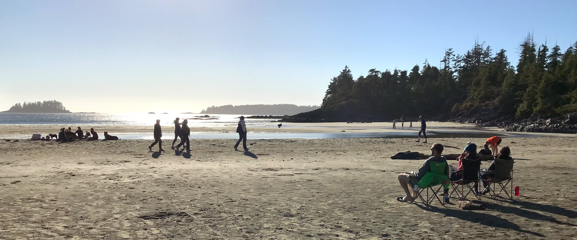 people awaiting sunset on beach Tofino Vancouver Island