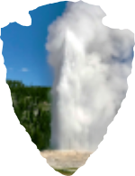 Old Faithful geyser cutout as national park logo arrowhead