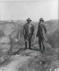 campers John Muir and Teddy Roosevelt at Glacier Point Yosemite